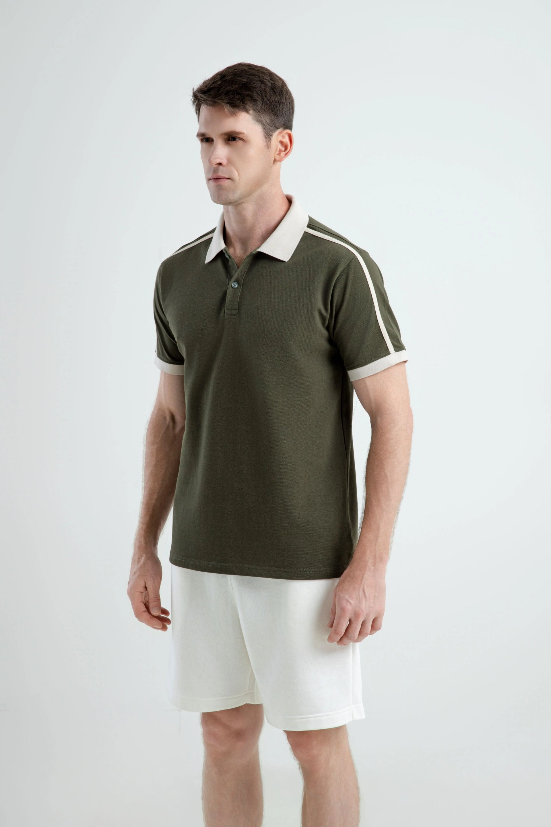 moss green polo shirt Cotton Shoulder Stripe Pique Polo Shirt – Polonè Supply