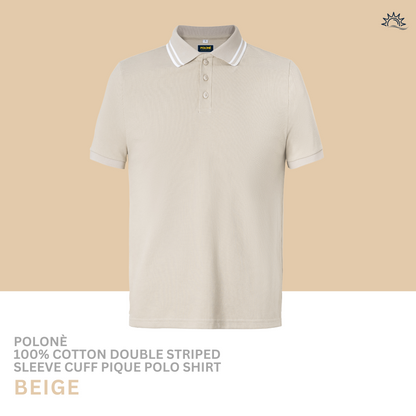 100% Cotton Double Striped Sleeve Cuff Pique Polo Shirt