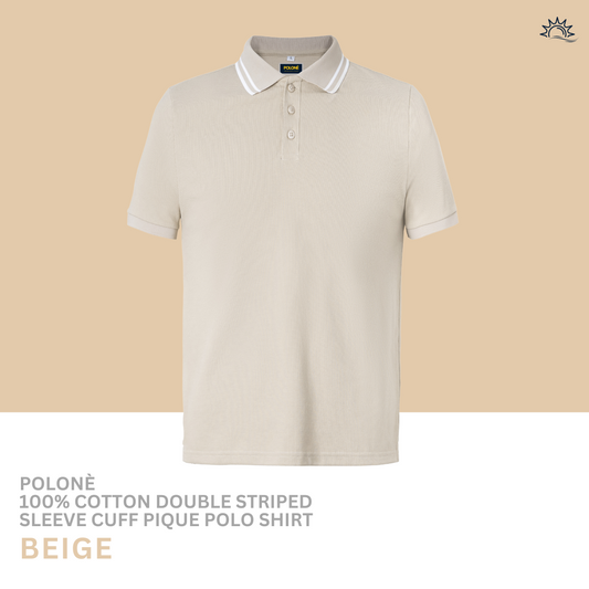 100% Cotton Double Striped Collar Pique Polo Shirt